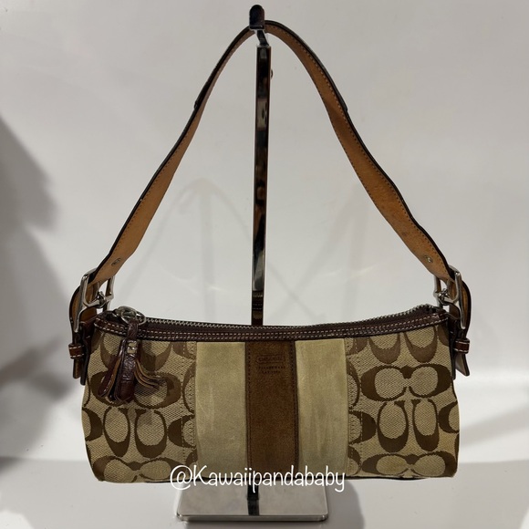 Coach Handbags - Vintage Coach Signature Brown Suede Stripe Monogram Demi Baguette Shoulder Bag